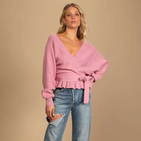 Lulus Rose Pink Knit Faux-Wrap Long Sleeve Sweater Size Medium - Picture 2 of 6